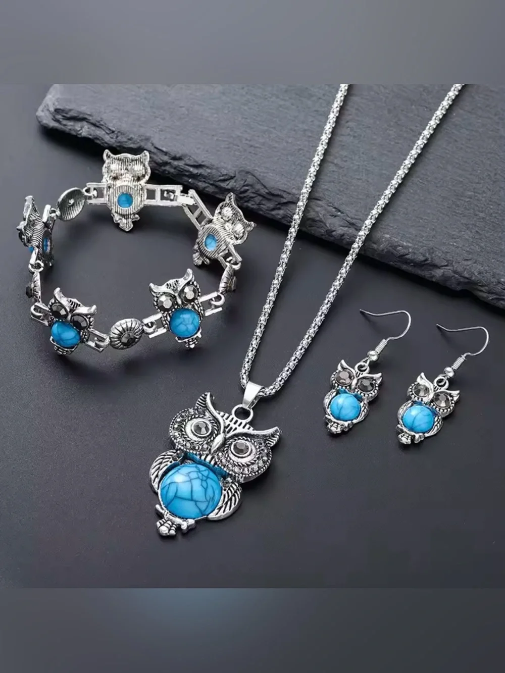 Turquoise Owl Jewelry Set - Silver-Tone Necklace, Bracelet & Earrings